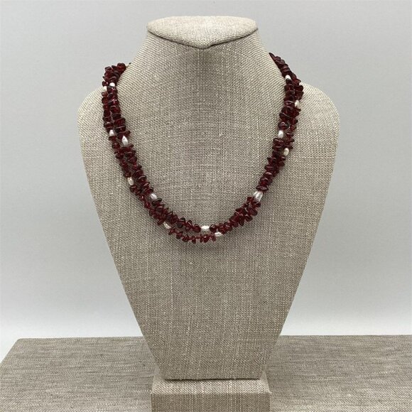 Vintage Necklace Garnet & Pearl Chip Bead With Metal Clasp 18 Inches Handmade Je - Picture 1 of 6